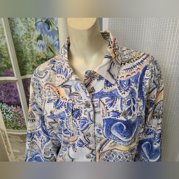 Chico's Button Front Jacket BLue Paisley Print Cotton XL/16 (Chico's Sz 3) - Picture 2 of 14